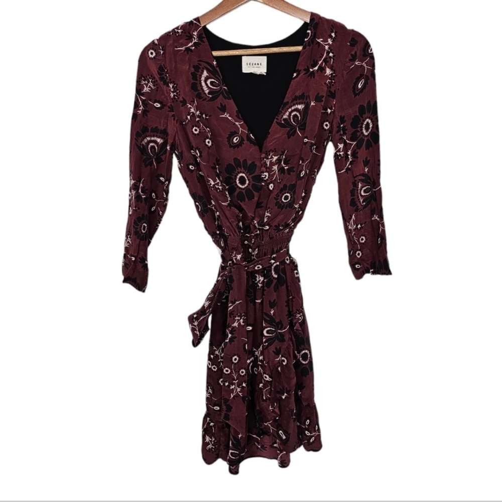 French Sezane Silk Floral Burgundy Wrap Dress with tie Belt - Picture 3 of 9